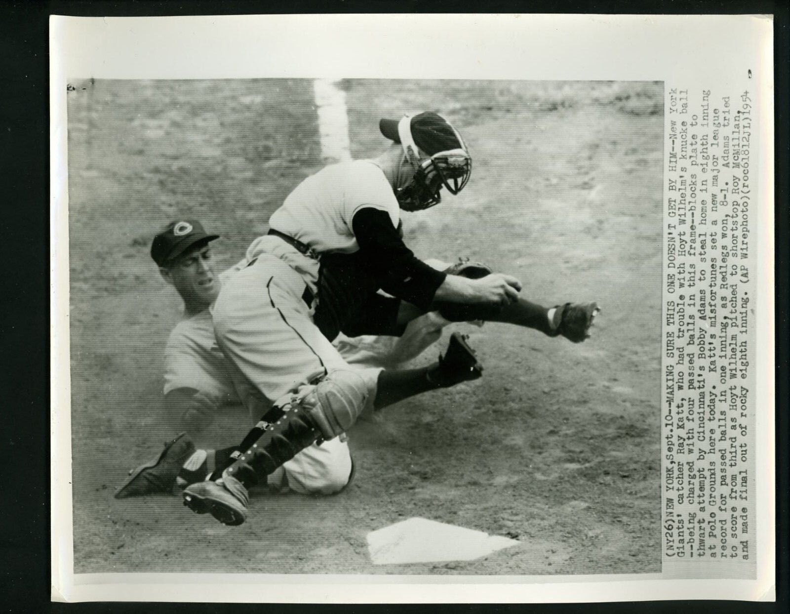 Ray Katt sets passed ball record & Bobby Adams 1954 Press Photo Poster painting NY Giants Reds