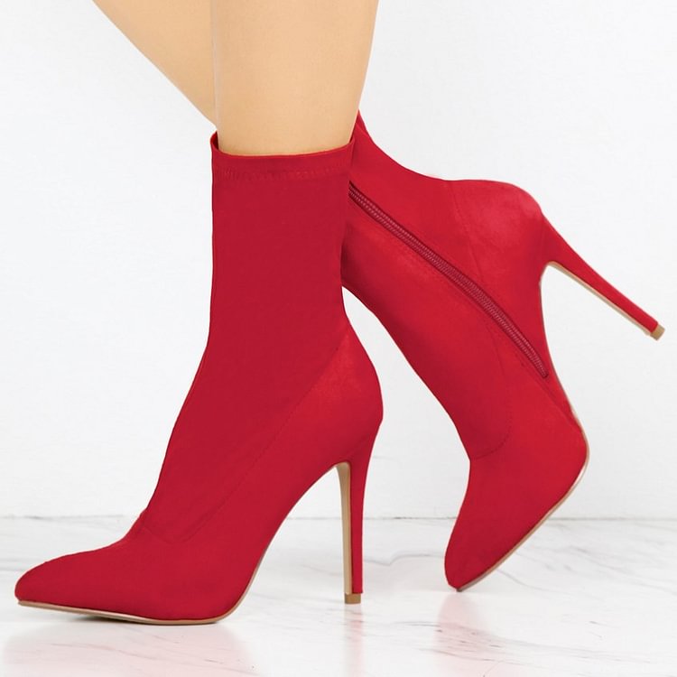 Red Lycra Sock Boots Pointy Toe Stiletto Heel Ankle Booties |FSJ Shoes