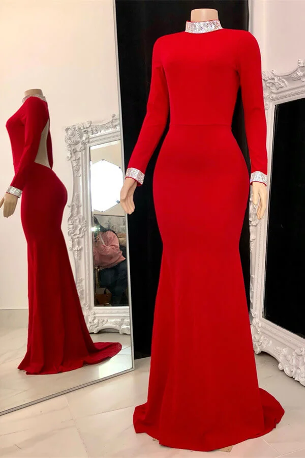 Simple Red Prom Dress Long Sleeves Open Back With Meimaid YL0132