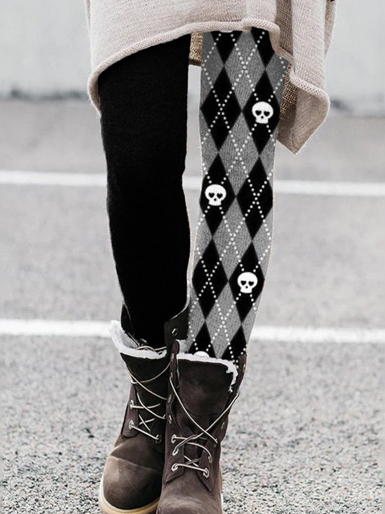 Lovely Skull Diamond Pattern Contrast Leggings wearshes