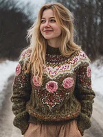 Vintage Floral Knit Embroidered Art Women's High-neck Icelandic Sweater