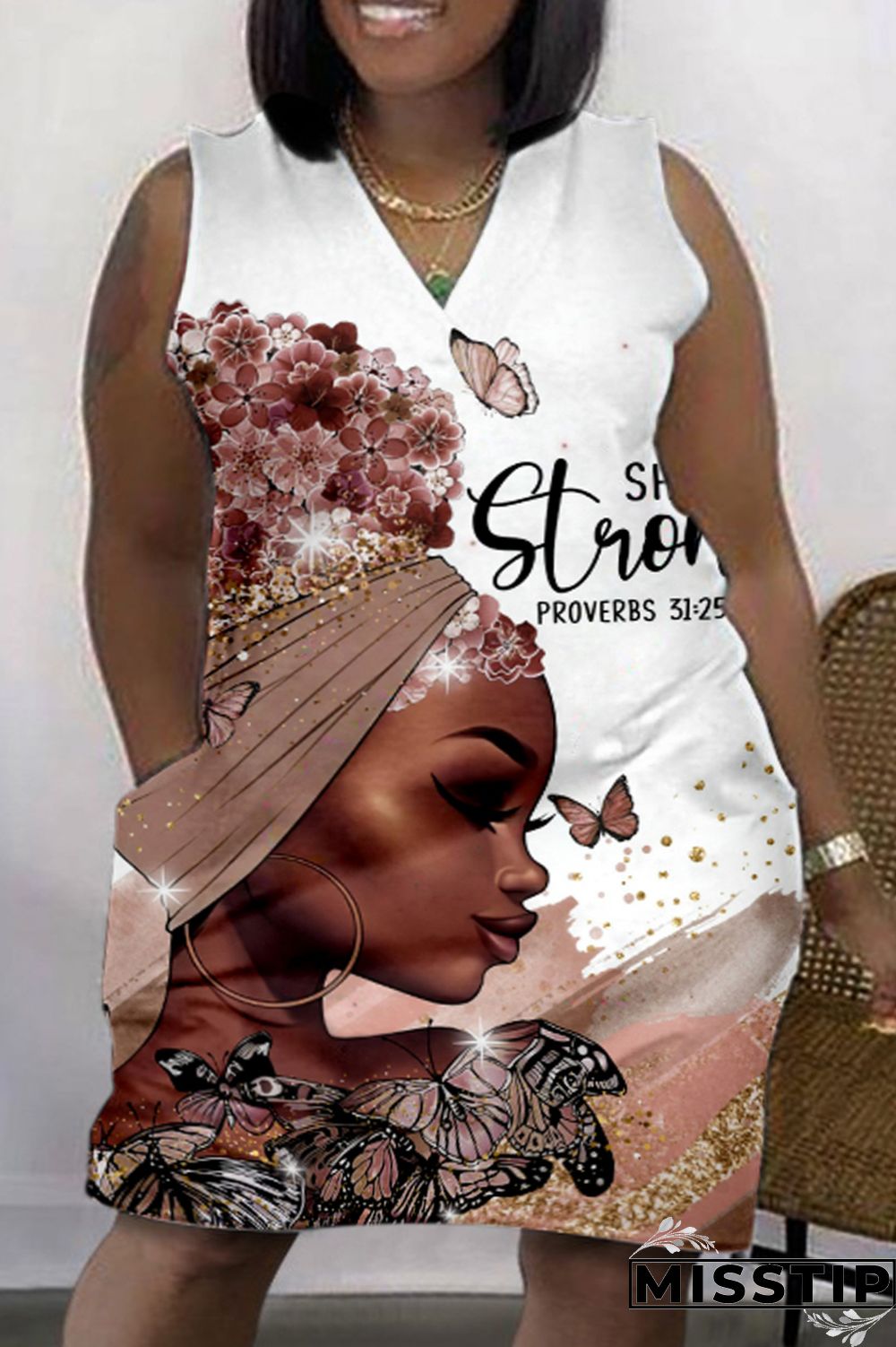 Green Fashion Casual Print Patchwork V Neck Sleeveless Plus Size Dress