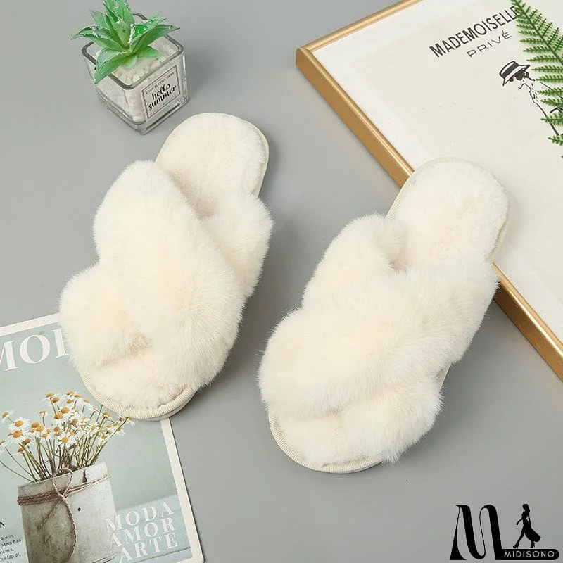 MidiSono - Faux Fur Crisscross Strap Slippers