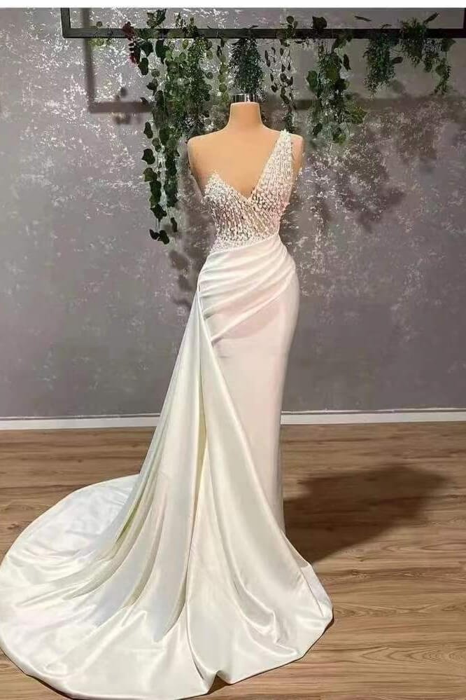 Ivory One-Shoulder Applique Elegant Prom Dress Mermaid With Ruffles | Ballbellas Ballbellas
