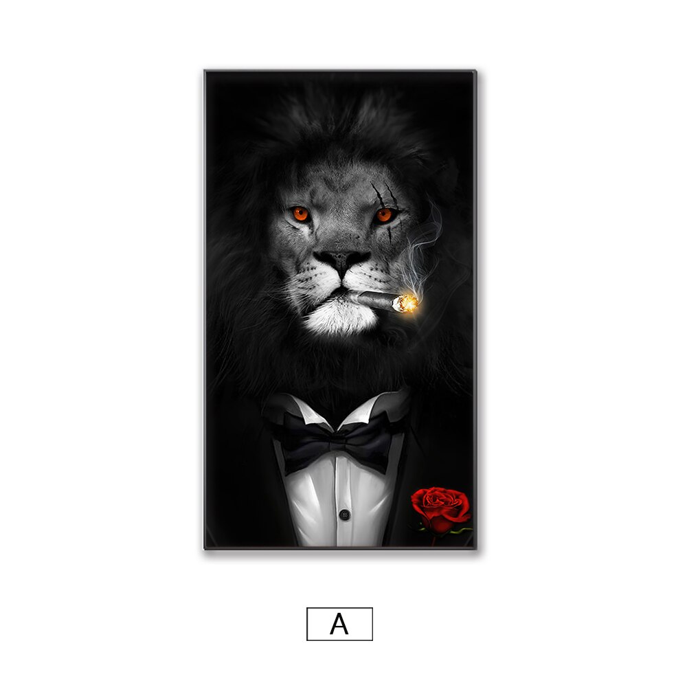 Cotton Tshirt Lion Monkey Tiger Smoking Poster Anthropomorphic Animal Canvas Painting For Living Room Wall Art Decorative Pictures Home Decor t -shirt Tee