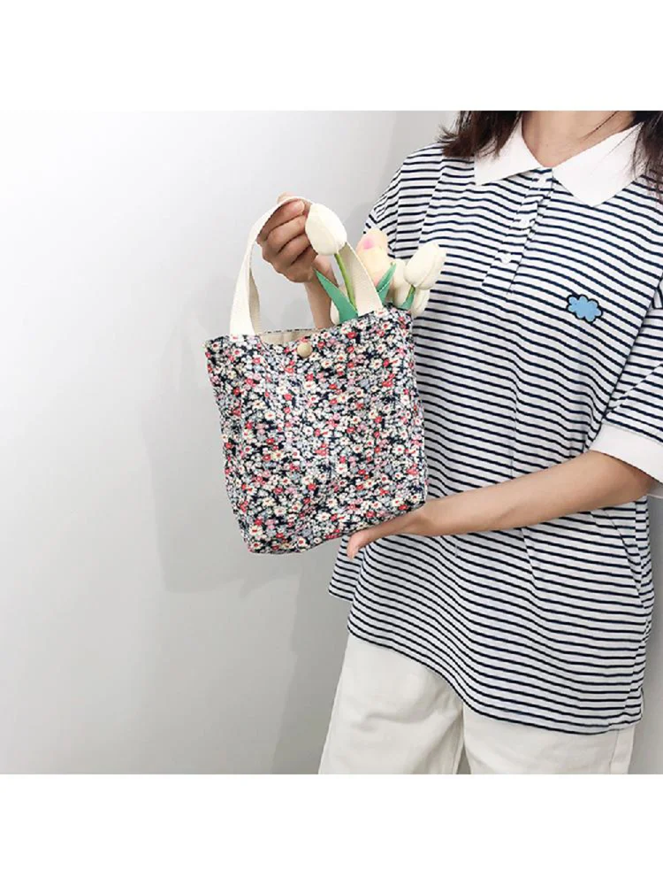 Simple Canvas Handbag Women Floral Shopping Lunch Bucket Bag (2 Red Blue)