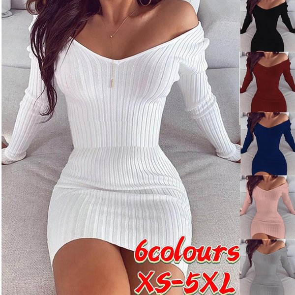 Autumn and Winter Women's V Neck Long Sleeves Slim Thin Hip Dress Warm Sweater - Shop Trendy Women's Fashion | TeeYours