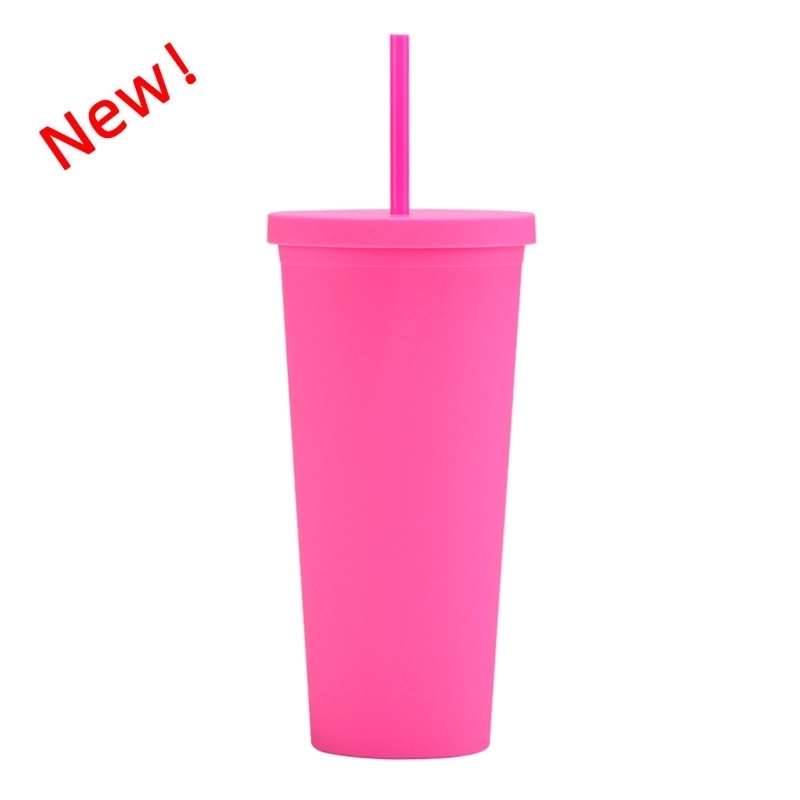 Double-layer Plastic Straw Cup With Lid 24oz Large-capacity Plastic Frosted Ready-to-hand Water Cup