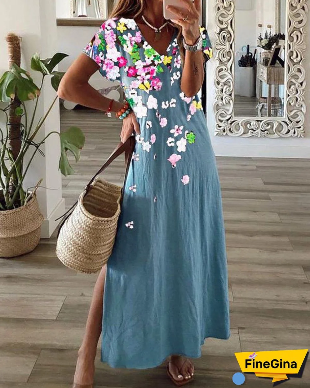 Casual Floral Print V-Neck Short Sleeve Hem Slit Maxi Dress