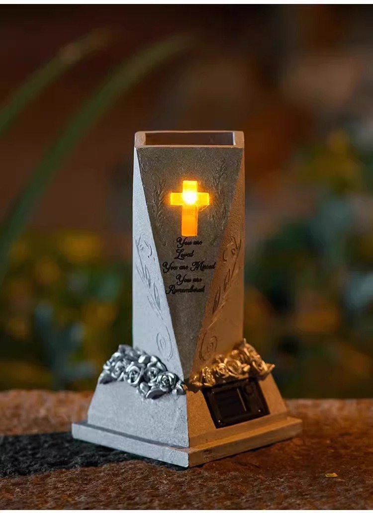 Honor the memory of your beloved companion with our Solar Pet Memorial Vase with Light&mdash;a unique combination of practical flower vase and glowing memorial tribute. Crafted from durable, weather-resistant resin with a beautiful stone-like finish, this versatile piece features an integrated solar-powered LED light that automatically illuminates at dusk, casting a gentle glow through the vase design . Fully customizable with laser engraving, you can personalize it with your pet's name, dates, and a heartfelt message. Perfect as a dog memorial vase or cat memorial vase for garden placement, patio decoration, or indoor display. Whether holding fresh flowers or standing alone as a luminous tribute, this solar memorial brings comfort and beauty to any remembrance space .