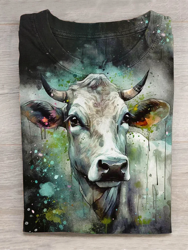Christmas Retro Watercolor Cow Art Print Design T-shirt
