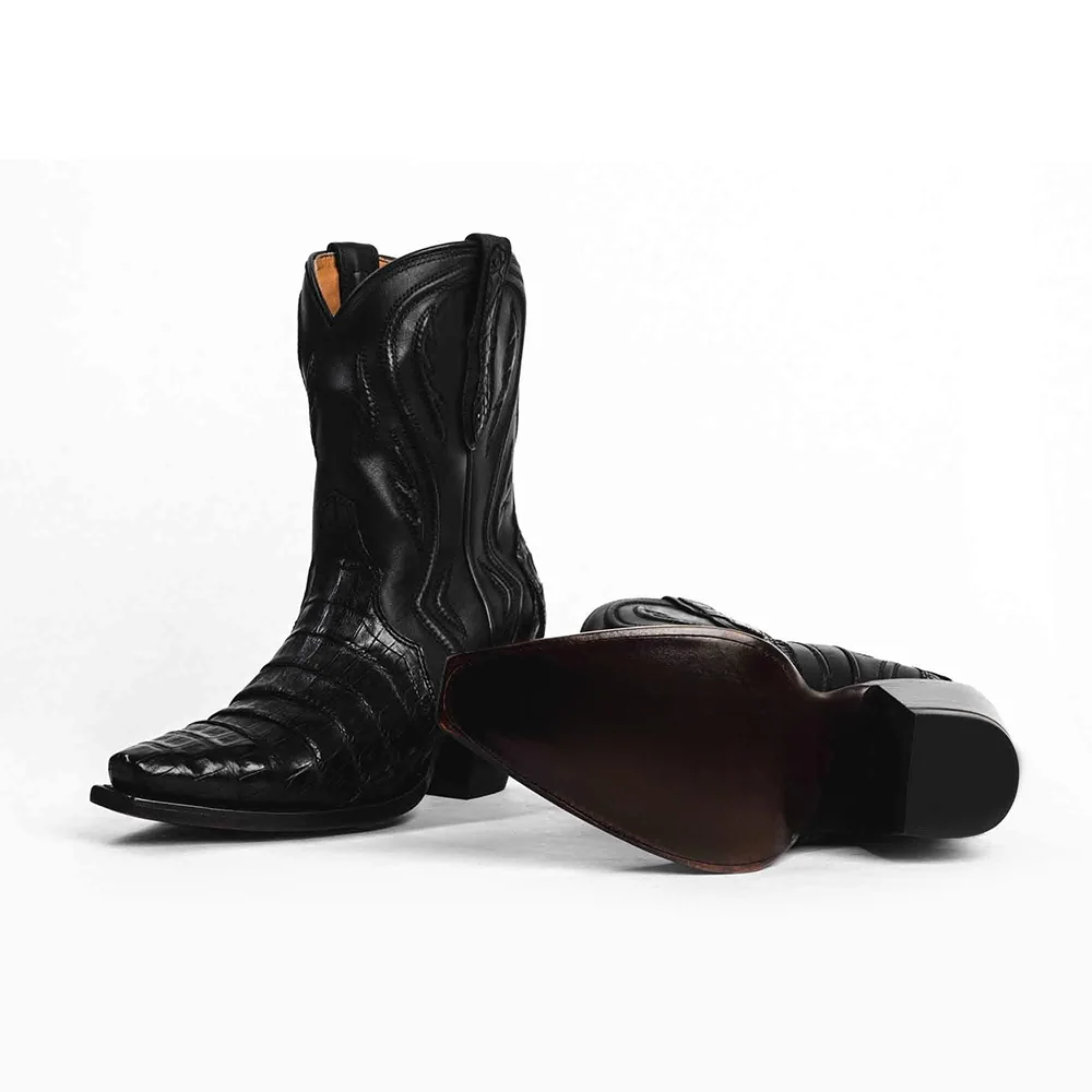 Black Snip Toe Chunky Heel Croc Embossed Cowboy Boots for Women