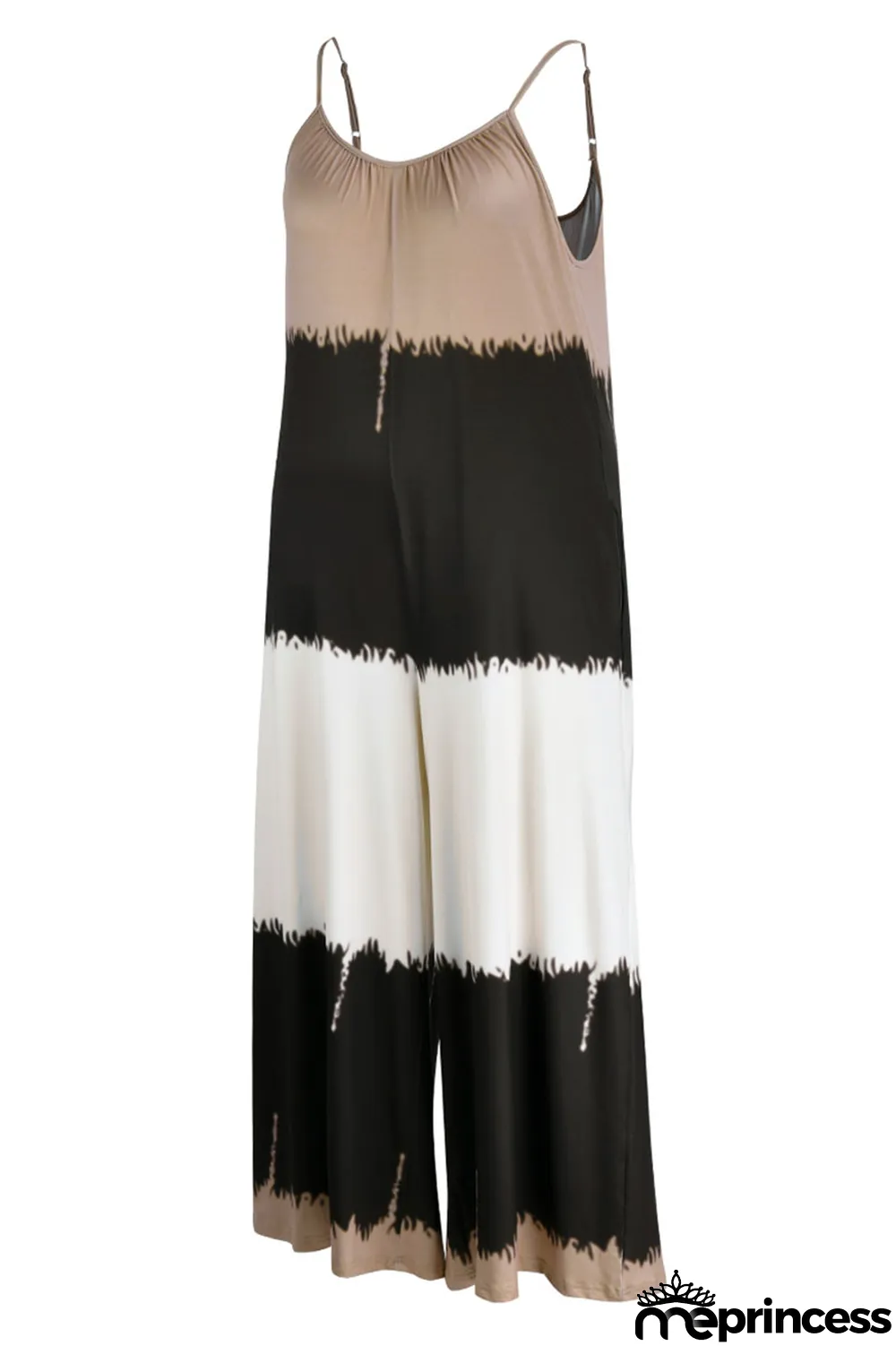 Yellow Casual Print Patchwork Spaghetti Strap Plus Size Jumpsuits