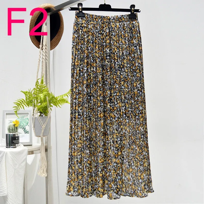 Summer Skirts Womens 2020 New Vintage Floral Print Chiffon Pleated Skirt Elastic High Waist Casual Midi Skirt Women Clothes Jupe