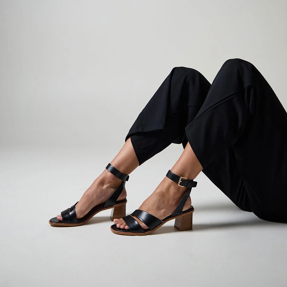 Black Open Round Toe Buckled Ankle Strap Block Heel Sandals