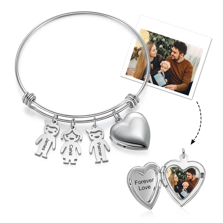Personalized Bracelets with Heart Photo locket 3 Children Charms Engraved Names