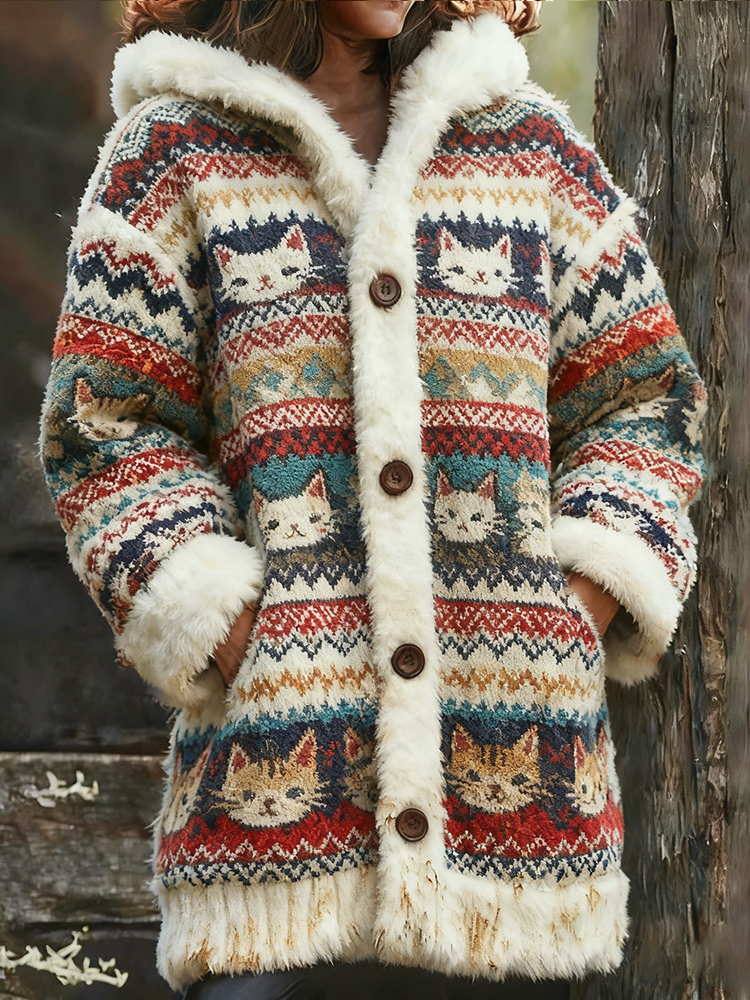 Fair Isle Cats Jacquard Knitted Hooded Cardigan elevenforest