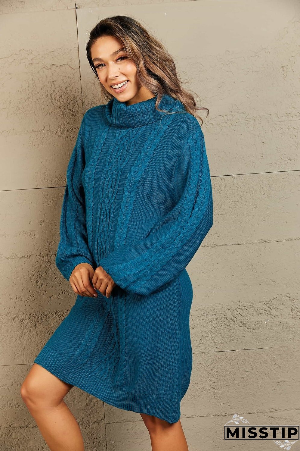 Woven Right Mixed Knit Turtleneck Lantern Sleeve Sweater Dress