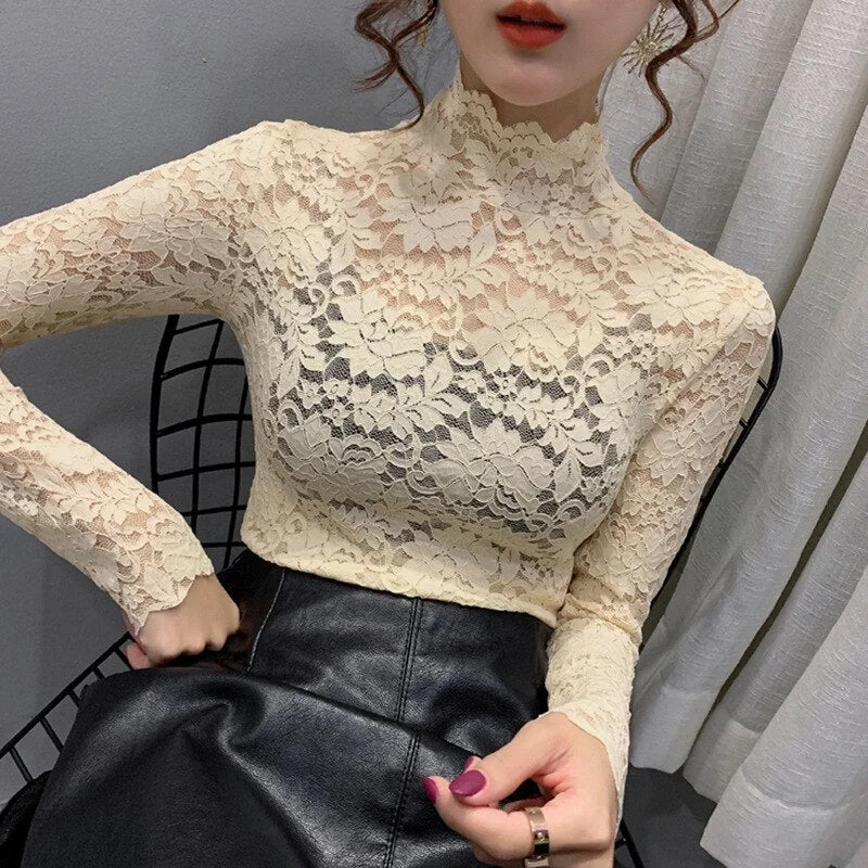 Autumn Women Thin Black Lace T shirt Sexy Turtleneck Long Sleeve Slim Lace Crochet Patchwork Tee Tops