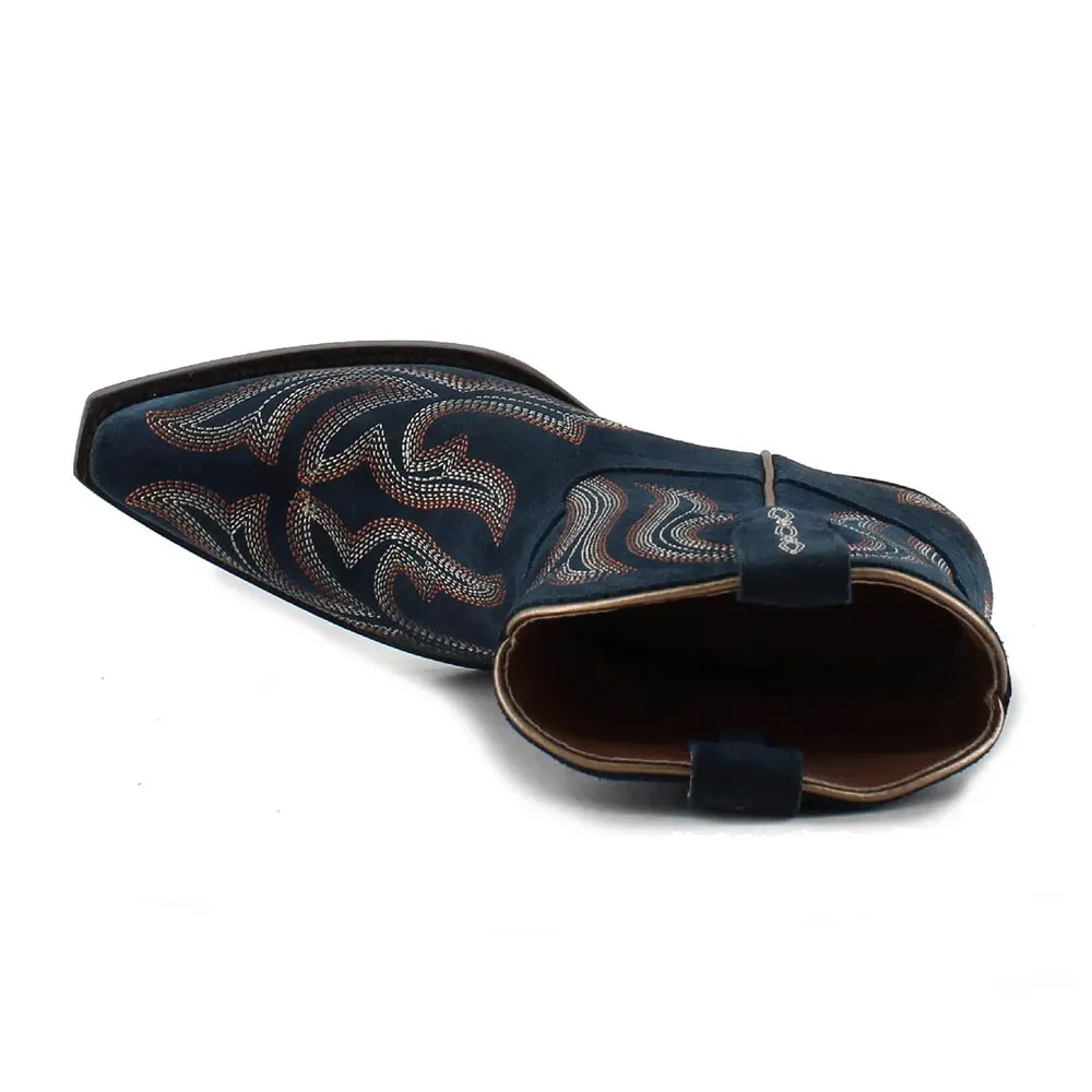 Snip Toe Block Low Heel Embroidered Navy Cowboy Boots for Women