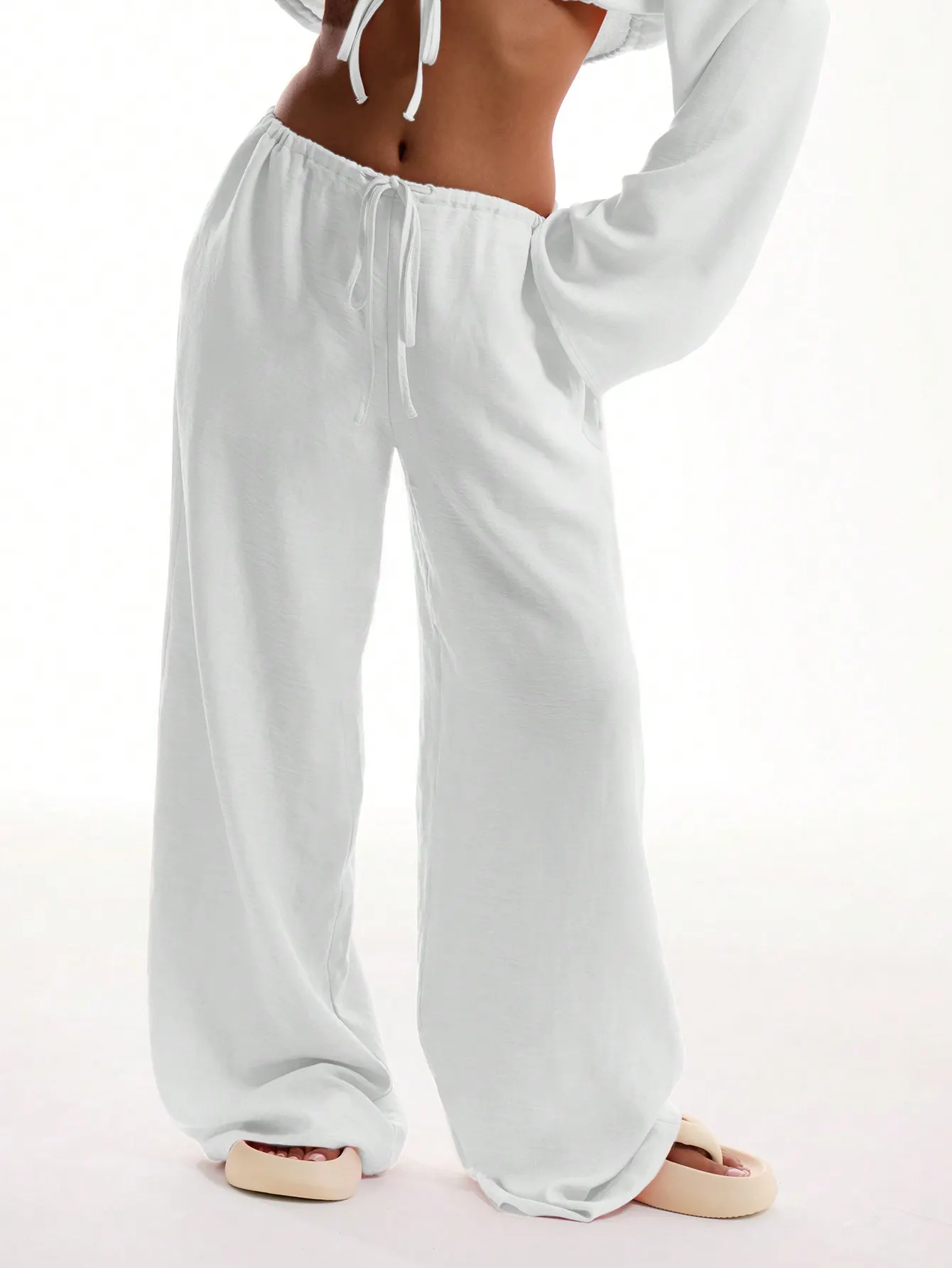 Women Drawstring Elastic Waist Wide Leg Pants