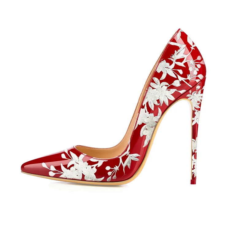 Red Floral Print Pointy Toe Pencil Heel Pumps Vdcoo