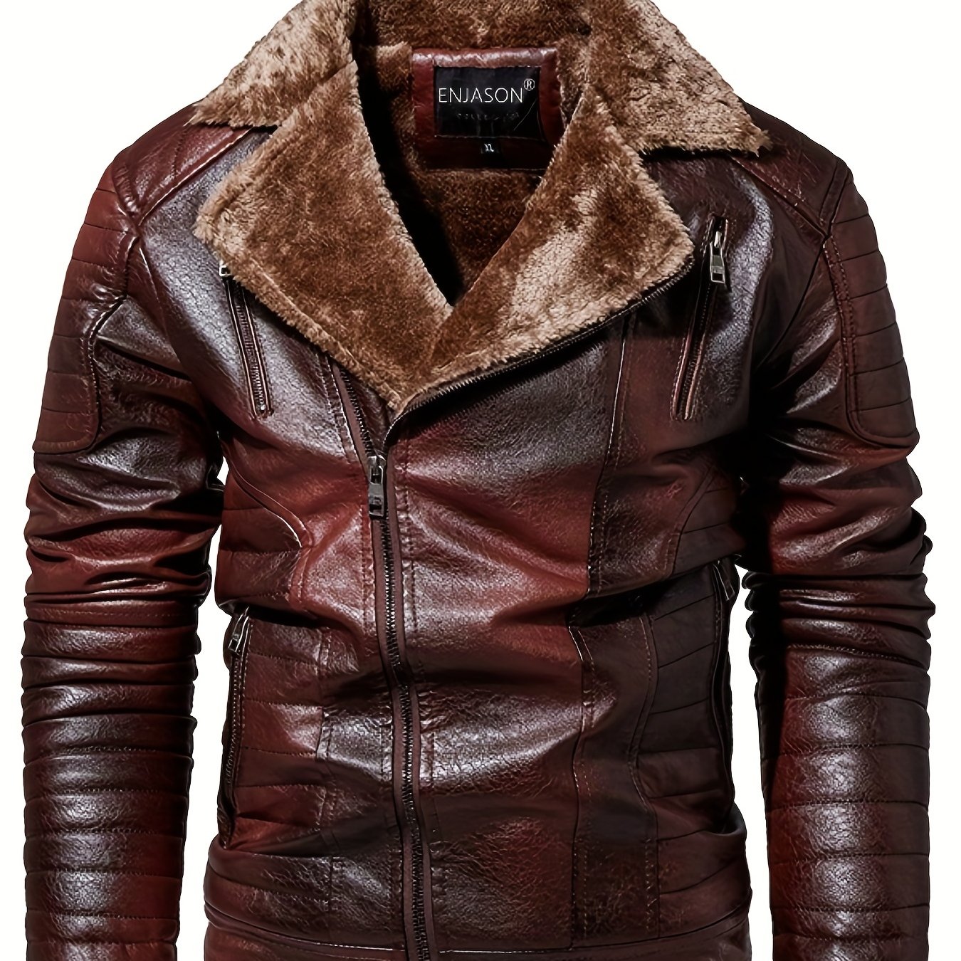 warm Fleece Classic Design Pu Bomber Jacket, Men's Casual Zip Up Lapel Faux Leather Jacket For Fall Winter