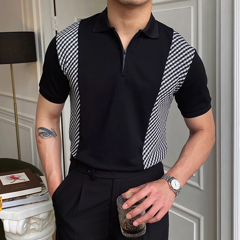 Thin lapel stitched short-sleeved polo shirt