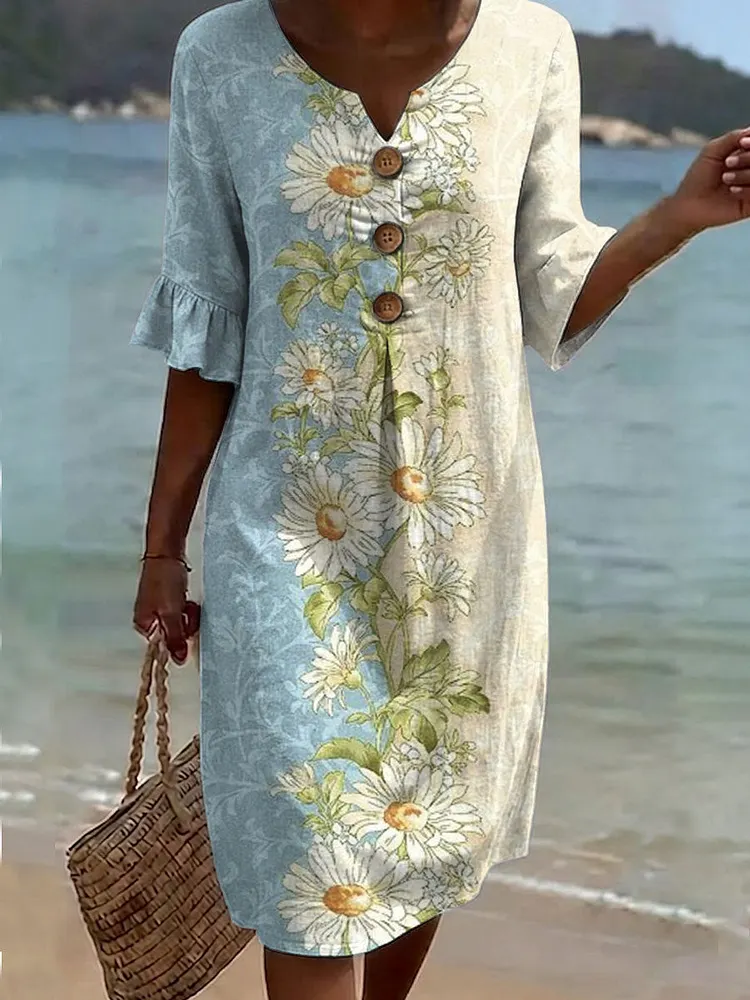 Women's Vintage Flower Pattern Print Casual Button-down Cotton Dress