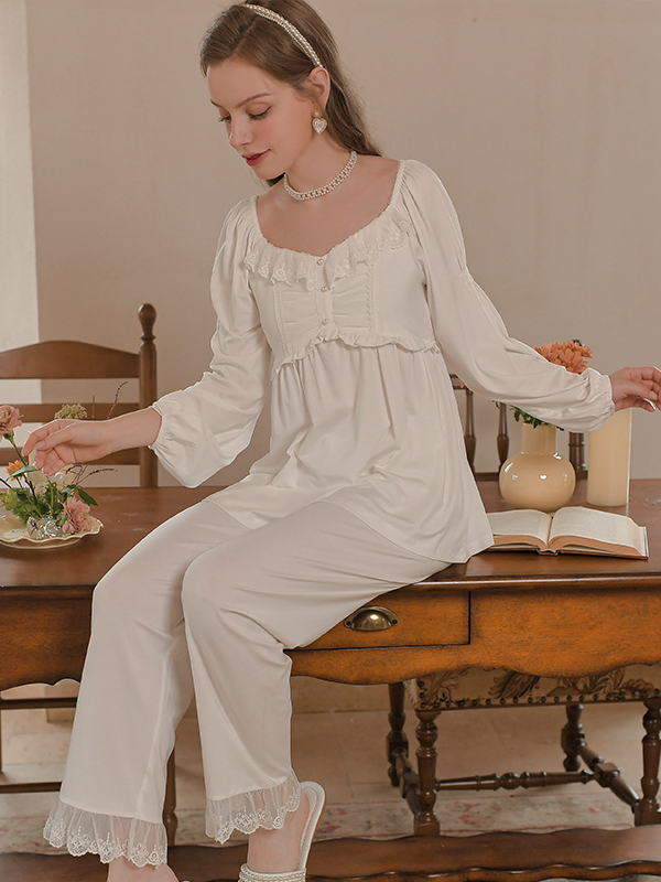 Regular Fit Square Neck Tencel Fiber Vintage Long Sleeve Pajama Set