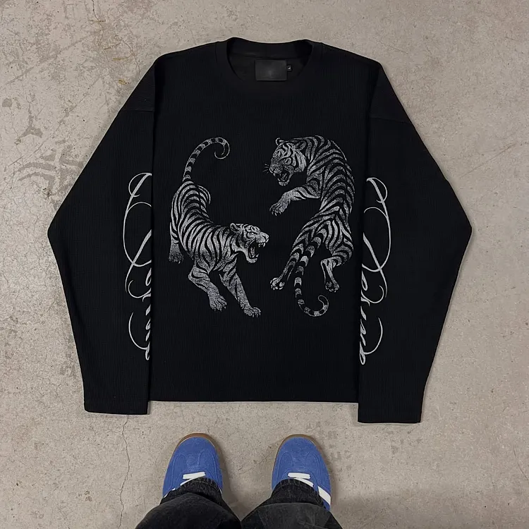 Retro Japanese Style Tiger Y2k Gothic Print Long-sleeved T-shirt