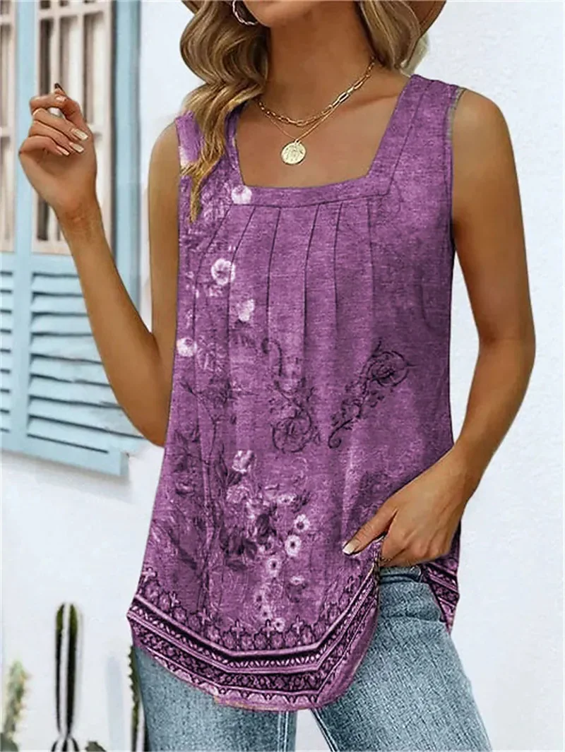 Women's Pleated Square Neck Sleeveless Swallow Tail Flower Mang Printed Vest