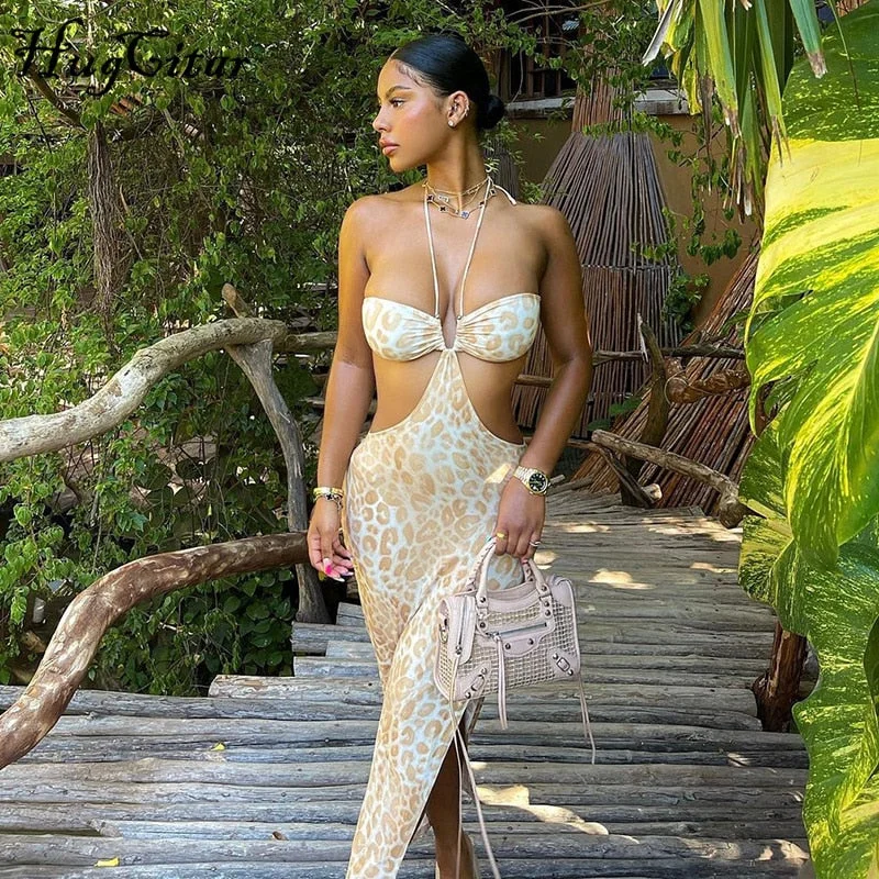 Hugcitar 2021 Leopard Print Halter Strap Maxi Dress Hollow Out Backless Bodycon Sexy Party Elegant Club Slim Y2K Robe Kpytomoa