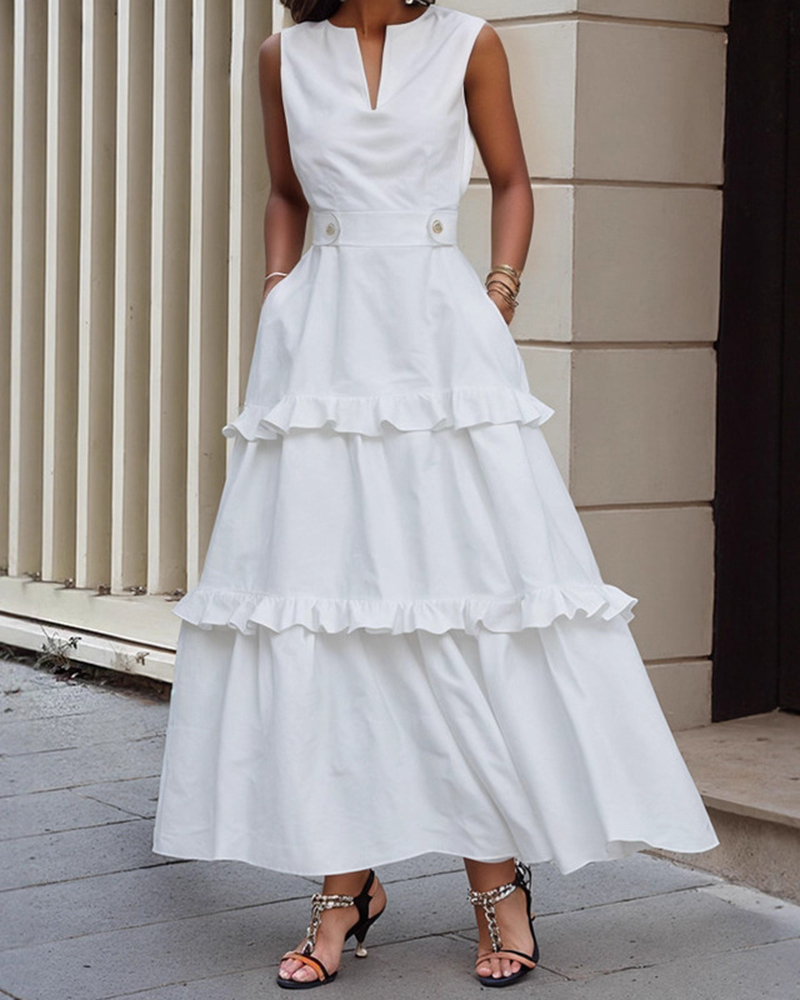 Tiered Ruffle Detail Sleeveless V Neck Side Pockets Maxi Dress