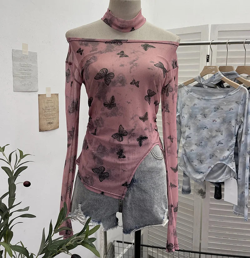 Nigikala Nigikala Tie-Dye-Print Single-Layer Mesh Yarn Lint Sun Hoodie Irregular Long-Sleeved T-Shirt Repair On The Body 1962