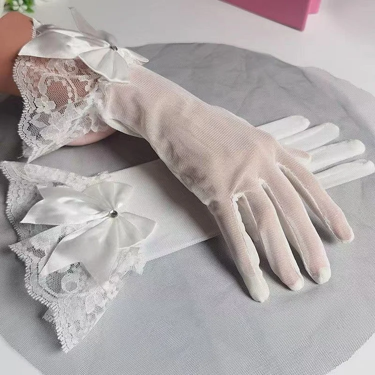 Women Gloves Wedding White Lace with Bow Mesh