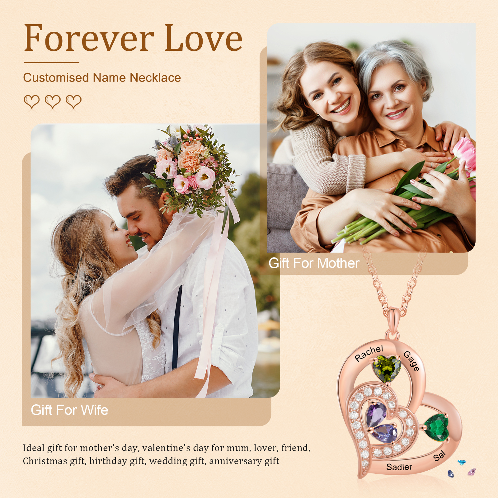 4 Names - Personalised Heart Pendant Necklace Customised Names & Birthstones Necklace Birthday Gift for Her-Jessemade AU