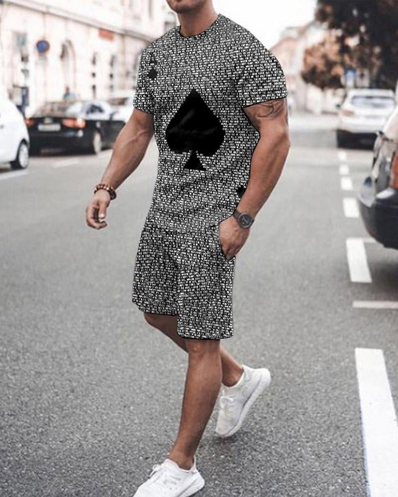 Men's Sports Ace of Spades Playing Card Letter Pattern Shorts Suit