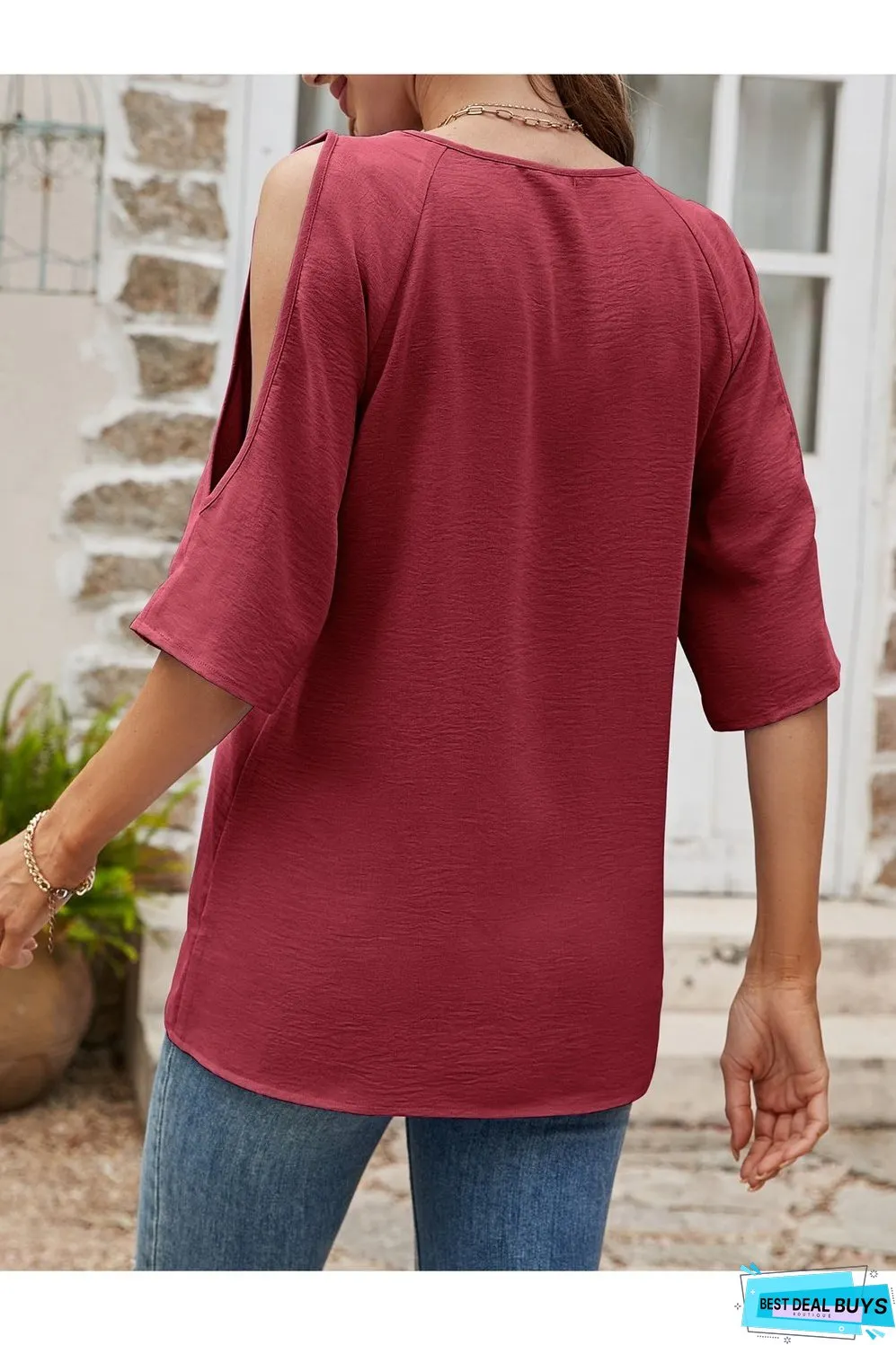 Textured Round Neck Split Sleeve Top