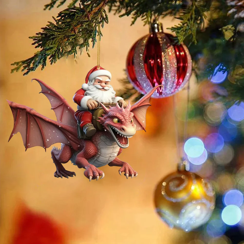 2 PCS Acrylic Santa Flying Dragon 2D Flat Christmas Tree Car Hangings Ornament