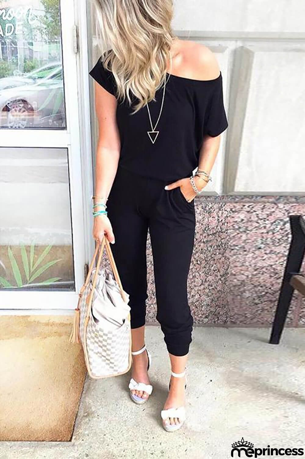 Women's Loose Fit Off Shoulder Jumpsuit Rompers with Pockets