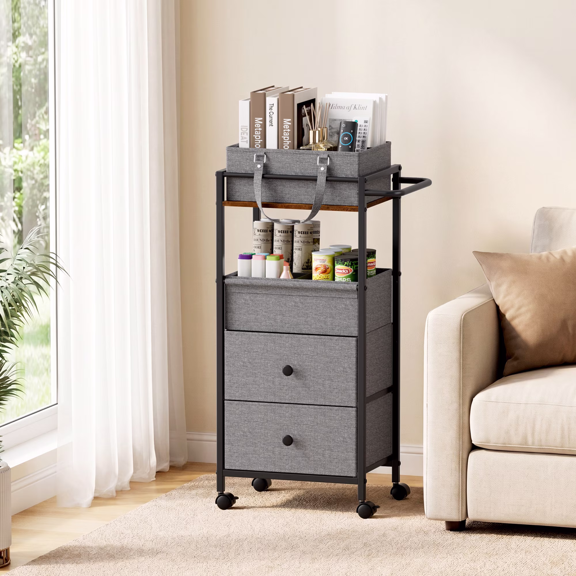 Baby Diaper Caddy Organizer Cart with Drawers - 3In1 Rolling Storage Cart with Wheels, Removable Diaper Caddy, Detachable Dividers - for Crib, Bedroom, Art & Craft Organizer (Black)
