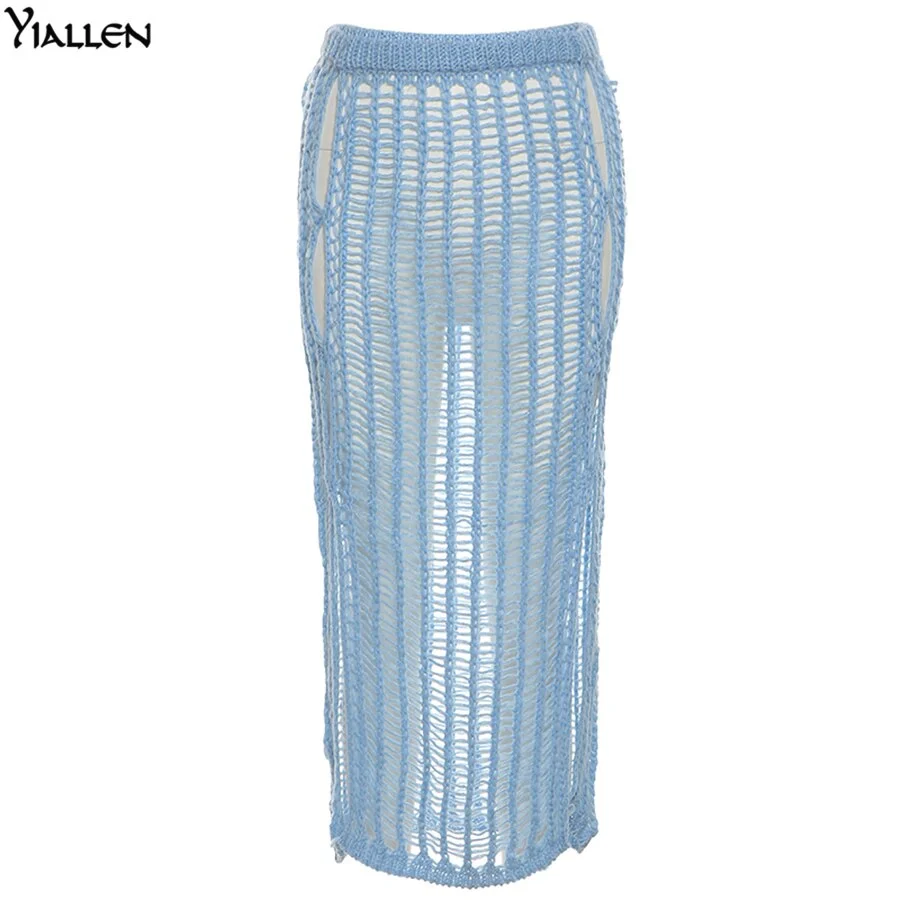 Yiallen Summer Yellow Openwork weaving Long Skirt 2021 New Women Sexy Chic Maxi Skirt Casual Streetwear Club Party Y2k Outfits