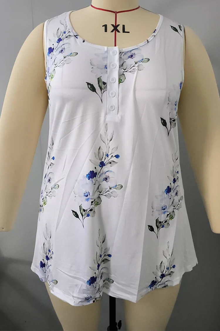 Plus Size Floral Print Decorative Button Round Neck Casual Tank Top  Flycurvy [product_label]