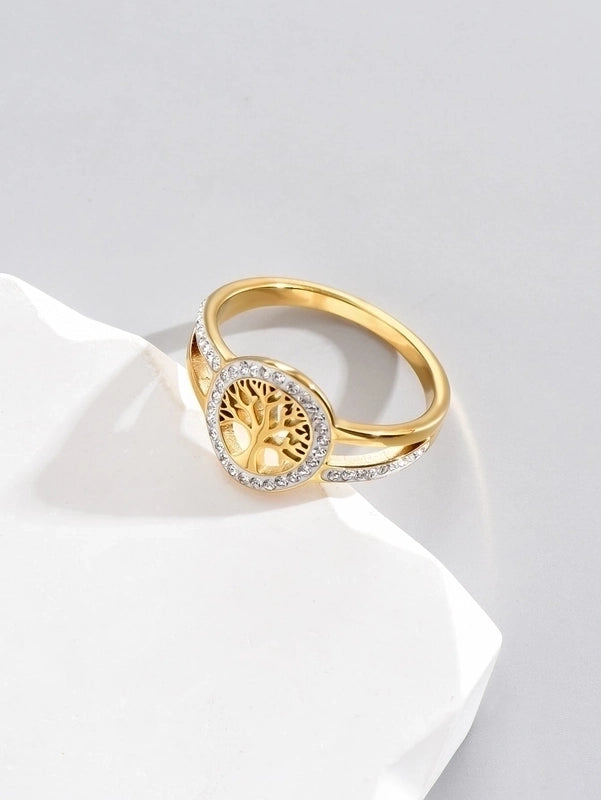 Elegant Commute Life Tree 304 Stainless Steel Rhinestones 14K Gold Plated Plating Hollow Out Inlay Rings