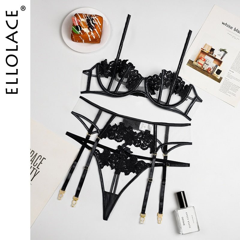 Ellolace Sensual Lingerie Underwear Erotic Hollow Out Brief Sets Push Up Underwire Bra Garters Thongs Sheer Fancy Exotic Costume