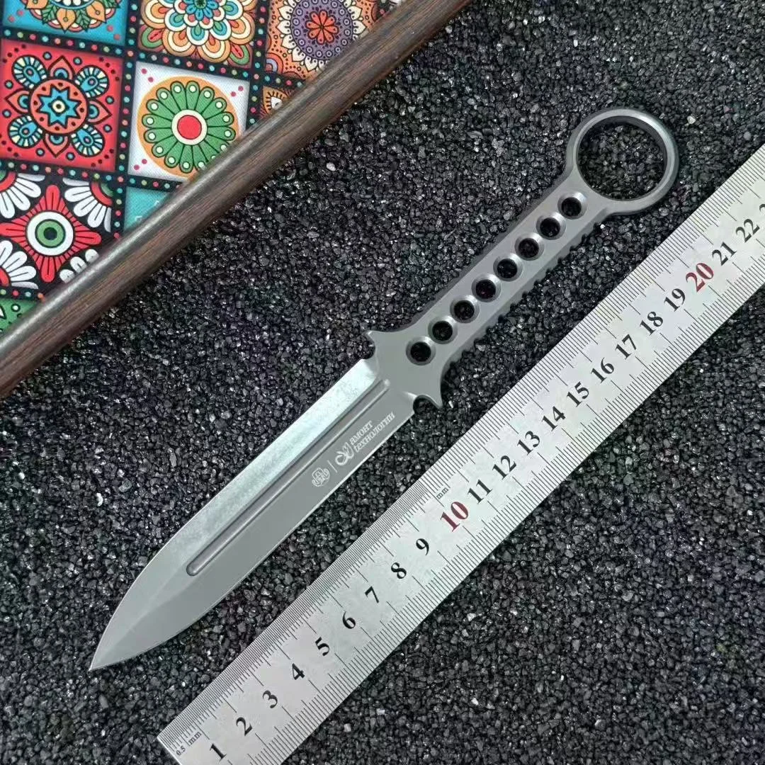 Eight-hole small sword, one-piece Aus-10 steel, portable small straight knife for outdoor camping, self-defense, and wilderness survival.