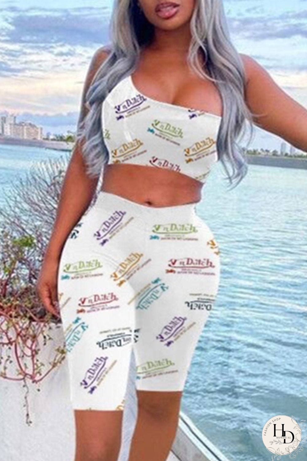 White Casual Sportswear Letter Print Vests One Shoulder Sleeveless Two Pieces