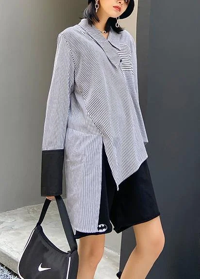 Chic striped shirts women side open asymmetric tunic blouse