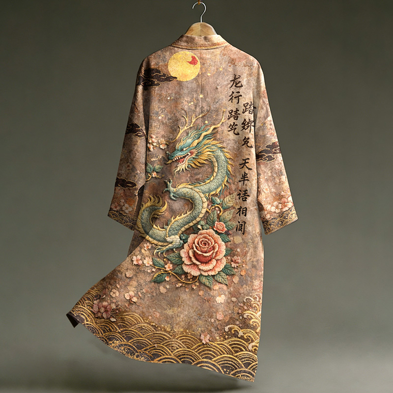 Men's Vintage Japanese Dragon And Flower Art Linen Blend Long Kimono  artssus